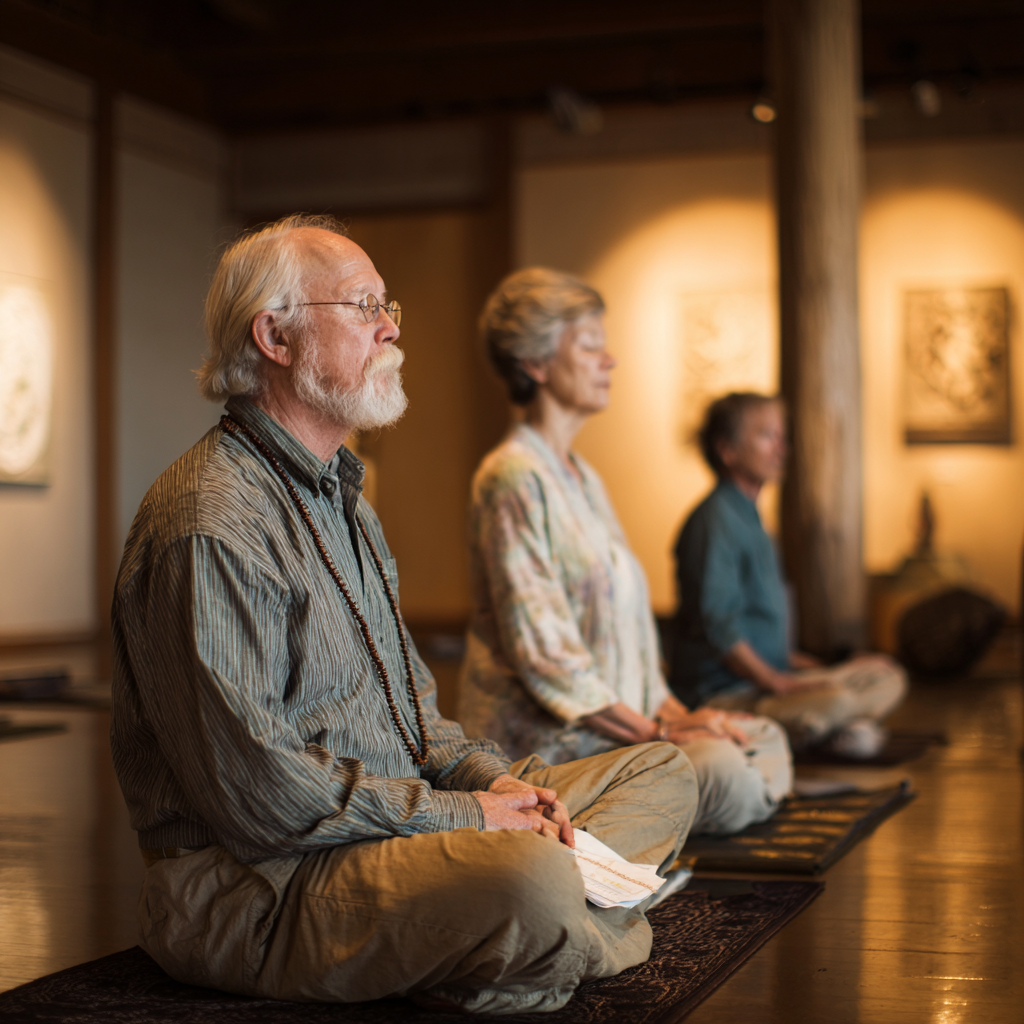 Serene meditation space with older adults in peaceful contemplation